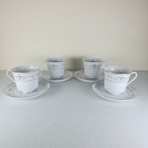 Set of 4 Wade Fine China Diane Tea Cups & Saucers Japan Blue Flower PlatinumTrim